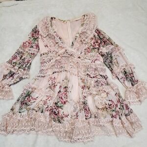 Pink Floral Lace V Neck Dress Women 1X Feminine Coquette Dainty Romantic Flowy